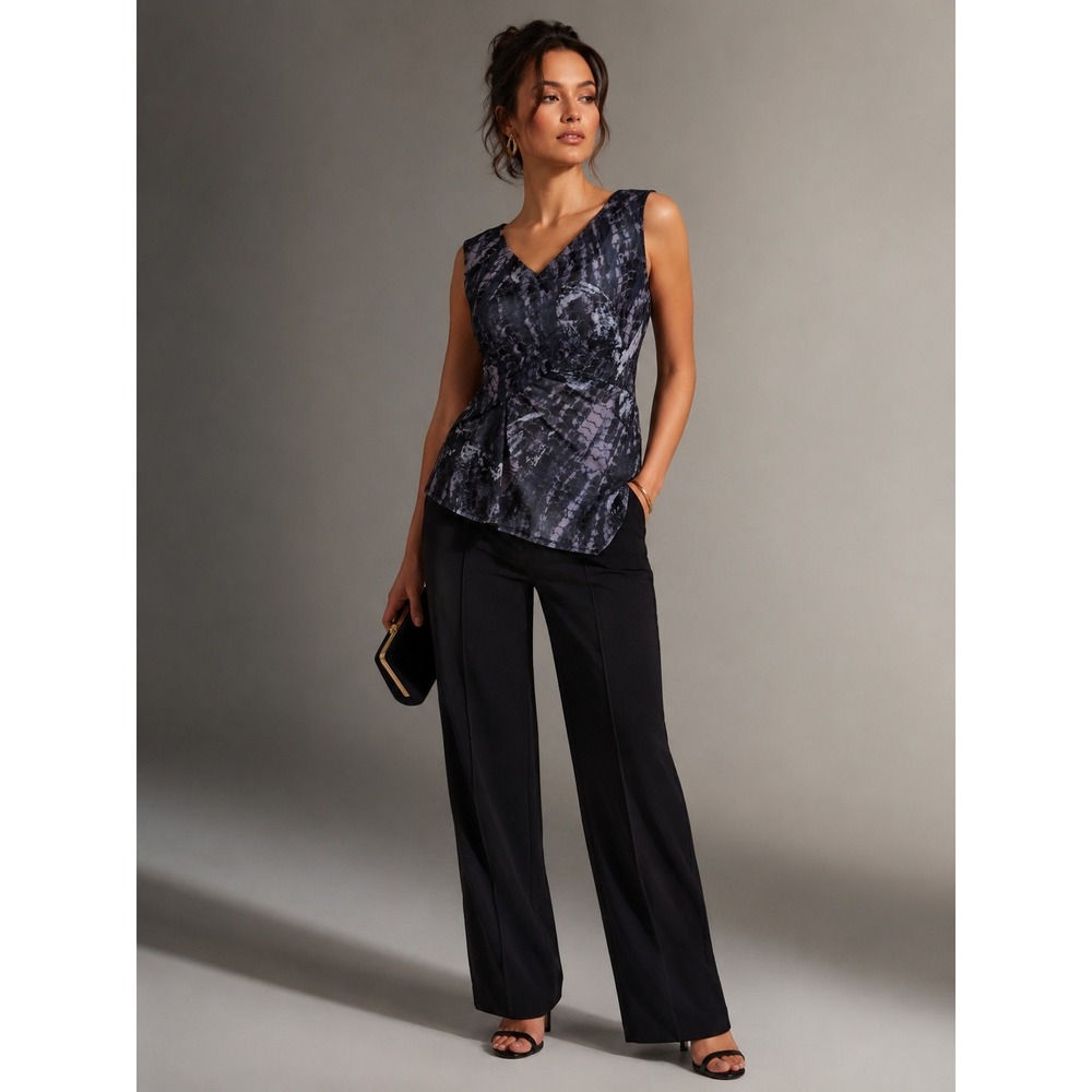 DKNY Black Grey Abstract Print Asymmetric Mesh Evening Top S Artsy Eclectic Boho